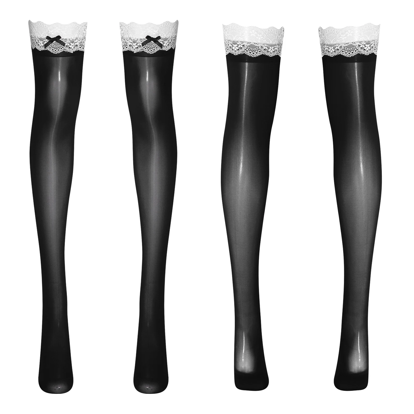 Womens Glossy Stockings with Lace Trim Cute Bow Thigh-high Stretchy Socks Miniskirts Shorts Accessory Female Elastic Stockings