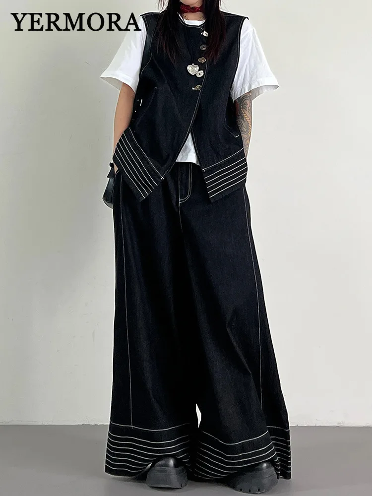 

YERMORA Women Black Irregular Button Topstitched Casual Vest Two Pieces Set Loose New Wide Leg Pants Fashion Spring Summer 2025