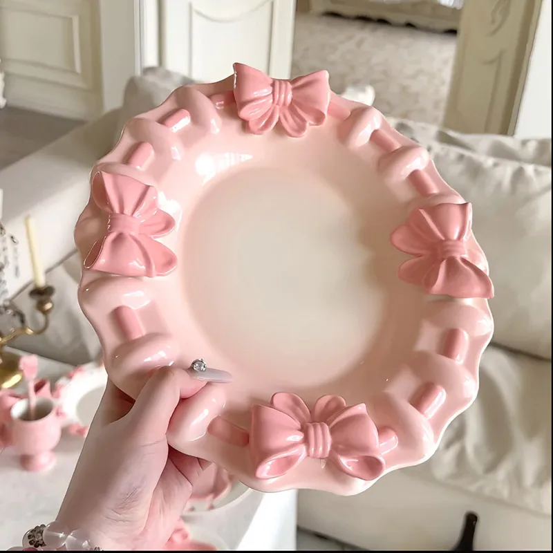 Luxury Bow Embossed Ceramic Serving Plate French Style Aesthetic Dessert Dish Kitchen Sculpted Dinnerware Elegant Gift for Women