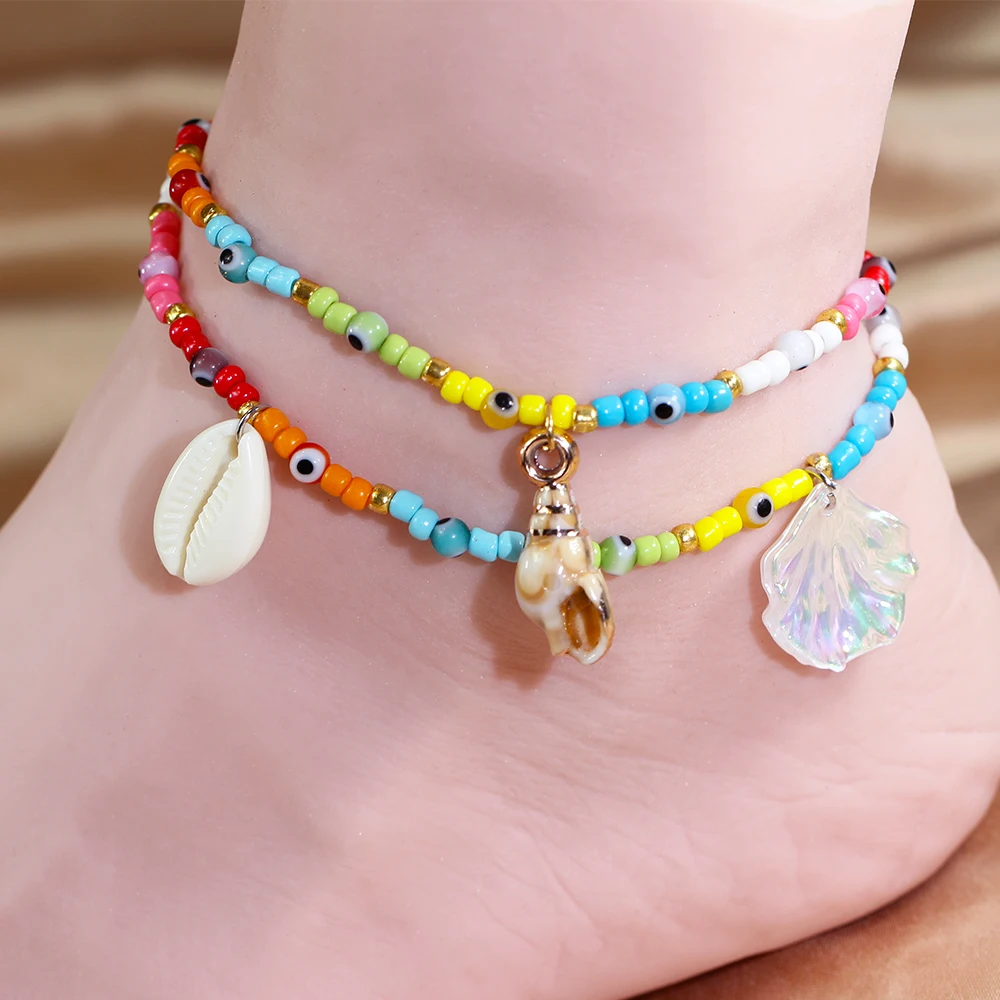 Ножные браслеты для женщин, летние пляжные аксессуары, разноцветные бусины, цепочка с имитацией жемчуга, браслеты на ногу, цепочки для тела, подарки ﻿