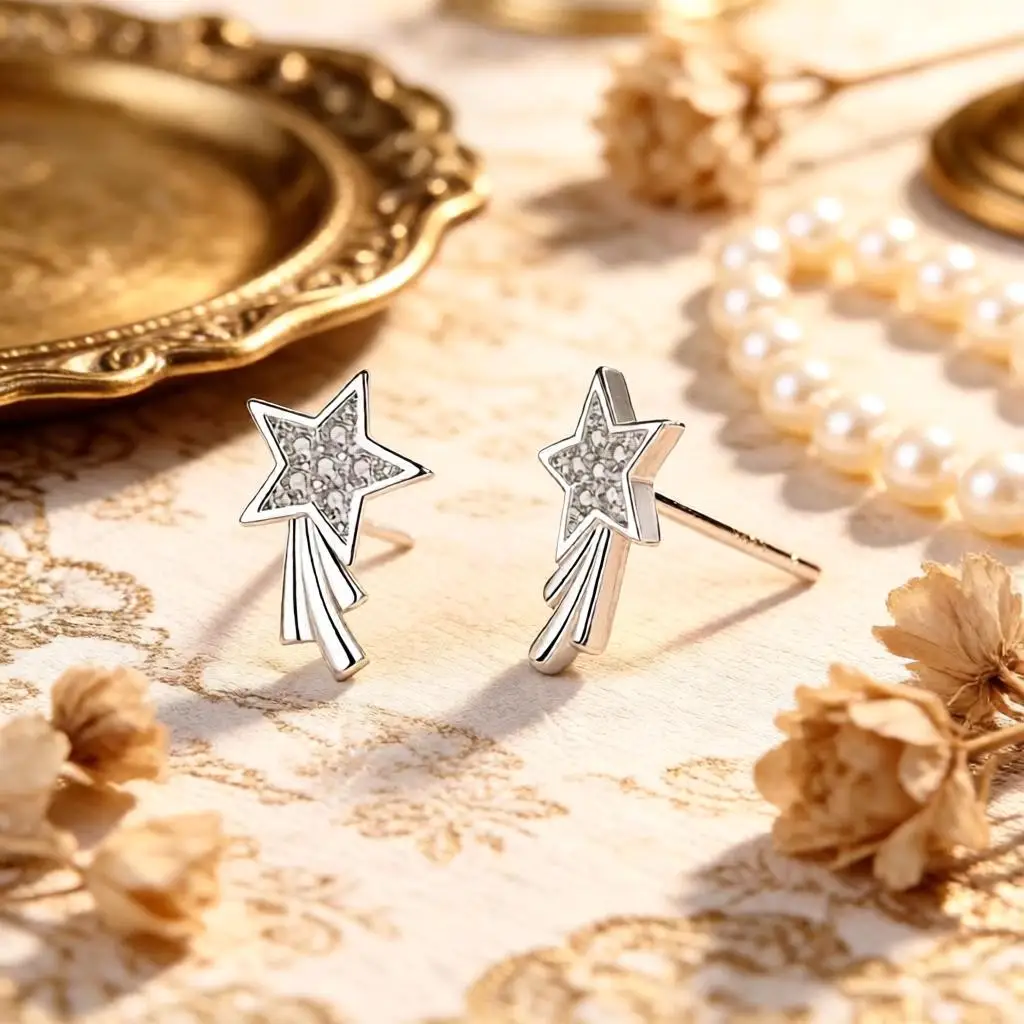 Delicate 925 Sterling Silver Five-Pointed Star Meteor Crystal Zircon Stud Earrings for Woman Girls Engagement Party Jewelry Gift