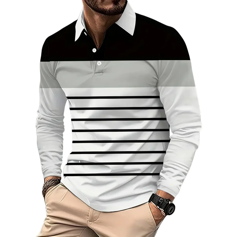 Vintage Stripe Print Mens Polo Shirts Fashion Lapel Golf Wear Men\'s T-Shirt Tops Street Sports Long Sleeve T Shirt Men Clothes