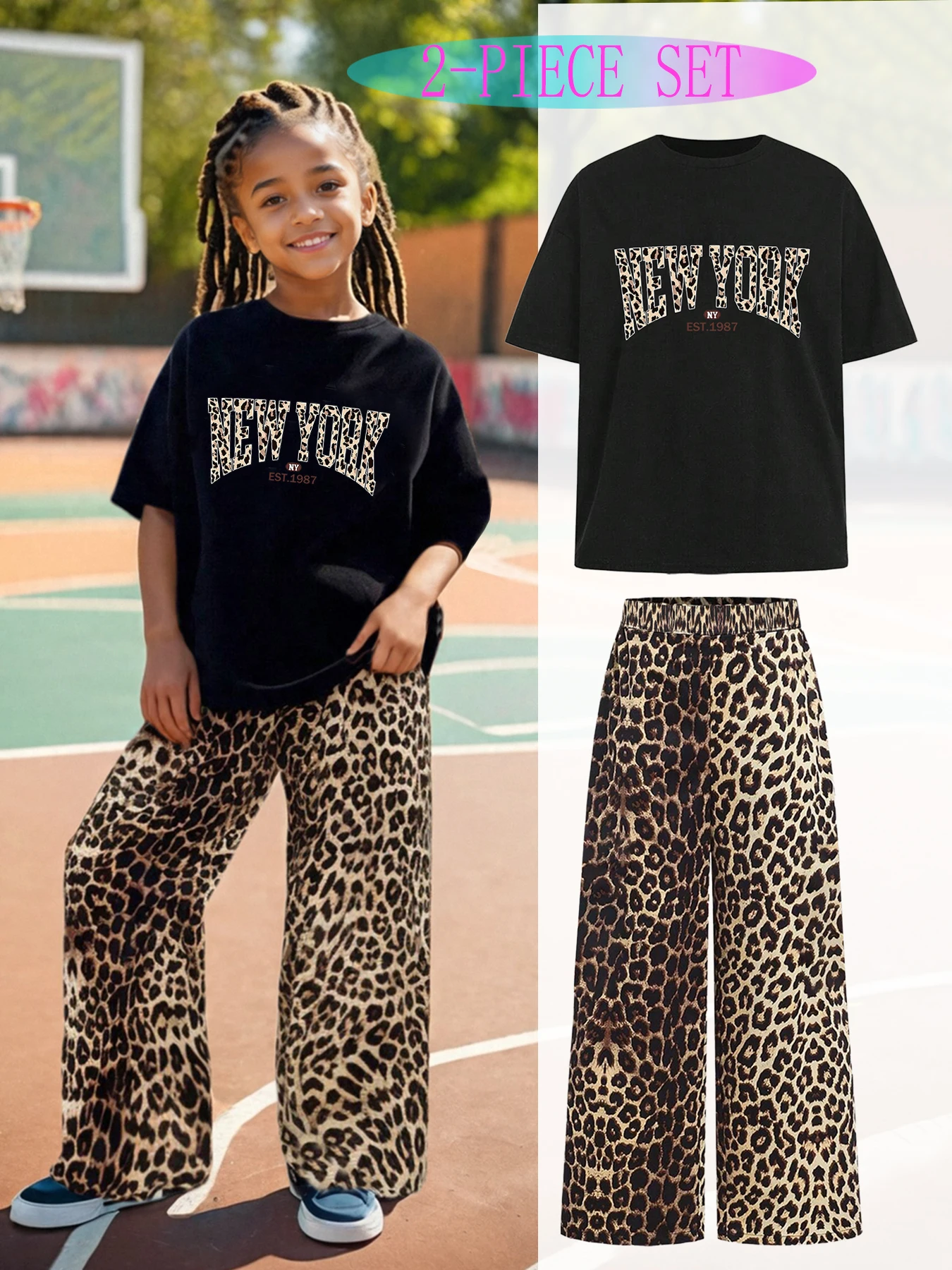Girls 2 Piece New York Leopard Print Outfit Short Sleeve T-shirt & Wide Leg Pants Kids Casual Streetwear Set