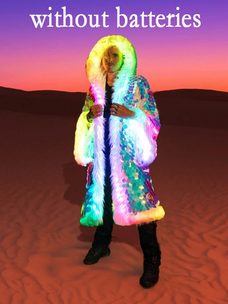 Men's Faux Fur Coat Winter Thicken Fluffy Led Lights Rave performance Luxury Fur Plus Size Jackets Long Windbreaker Coats