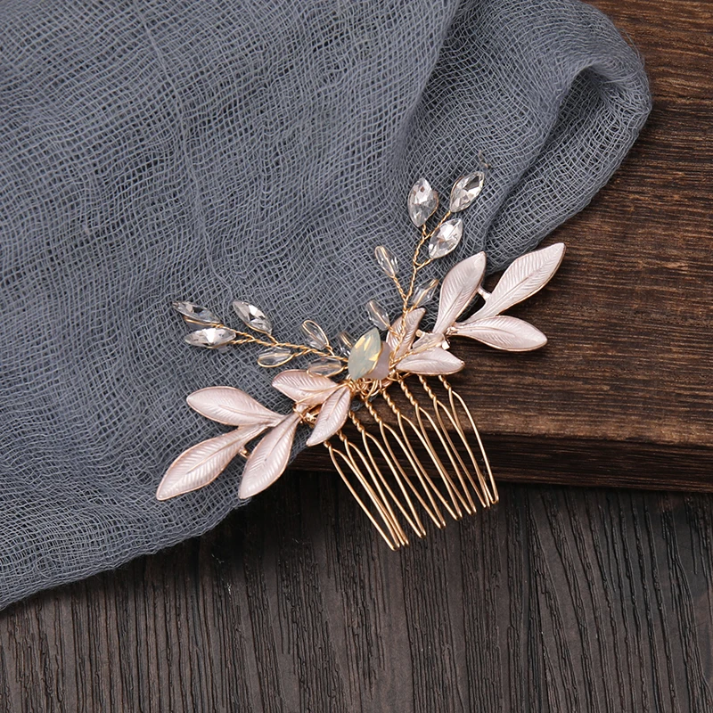 Fashion Gold Tiara Hair Comb For Women Bride Wedding Hair Accessories Handmade Protein Crystal Leaf Head Jewelry Headpiece Party