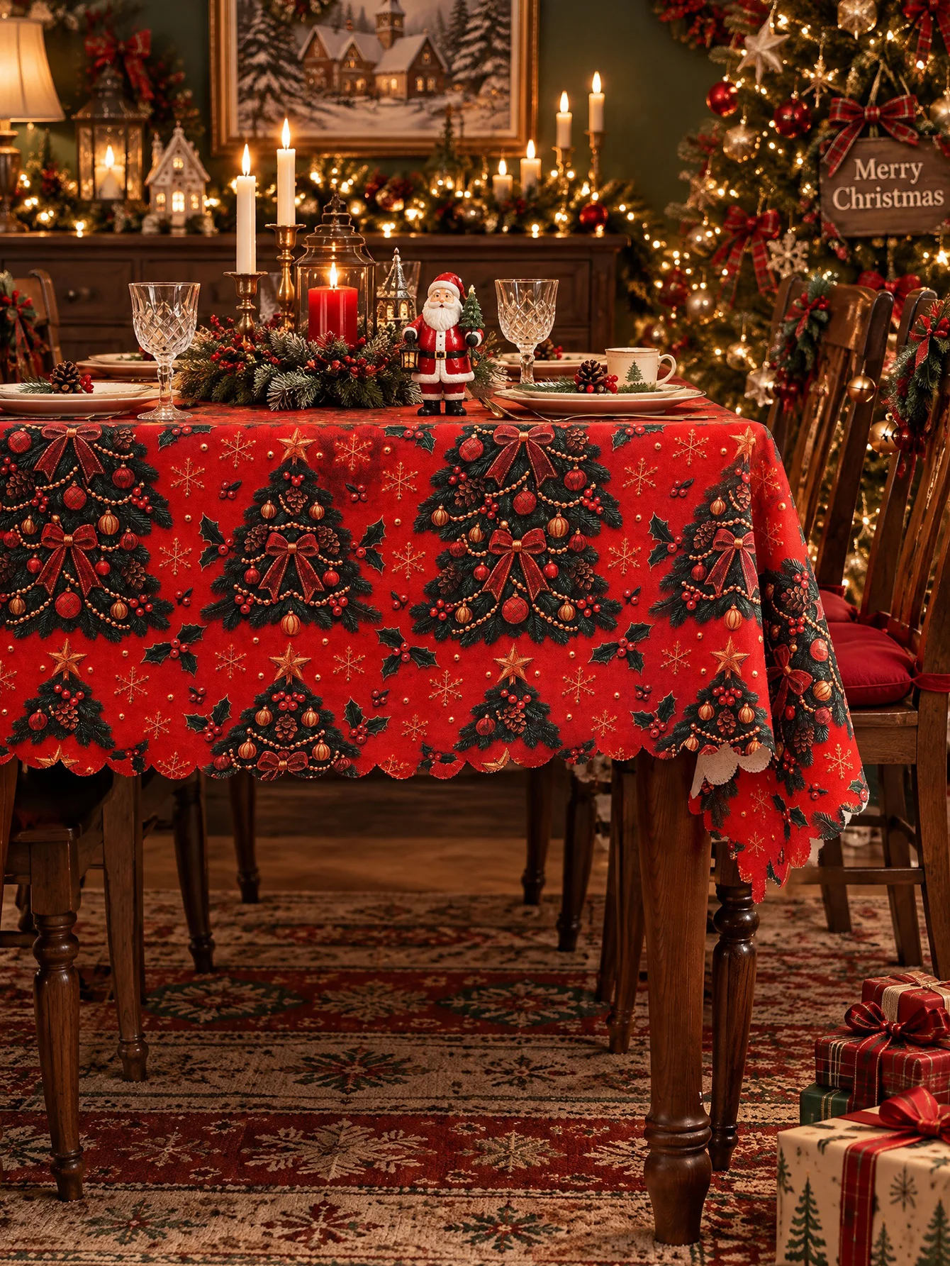 Christmas Tablecloth Black Tree on Red Print Polyester Waterproof Rectangle Table Cover Holiday Party Decor Navidad Natal