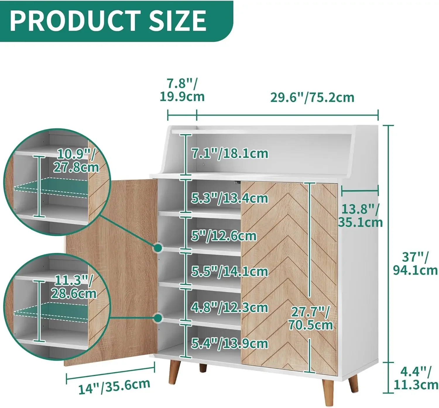 Shoe Cabinet with Doors, 5-Tier Shoe Storage Cabinet with Open Shelves, Large Capacity Wooden Shoes Rack Organizer with