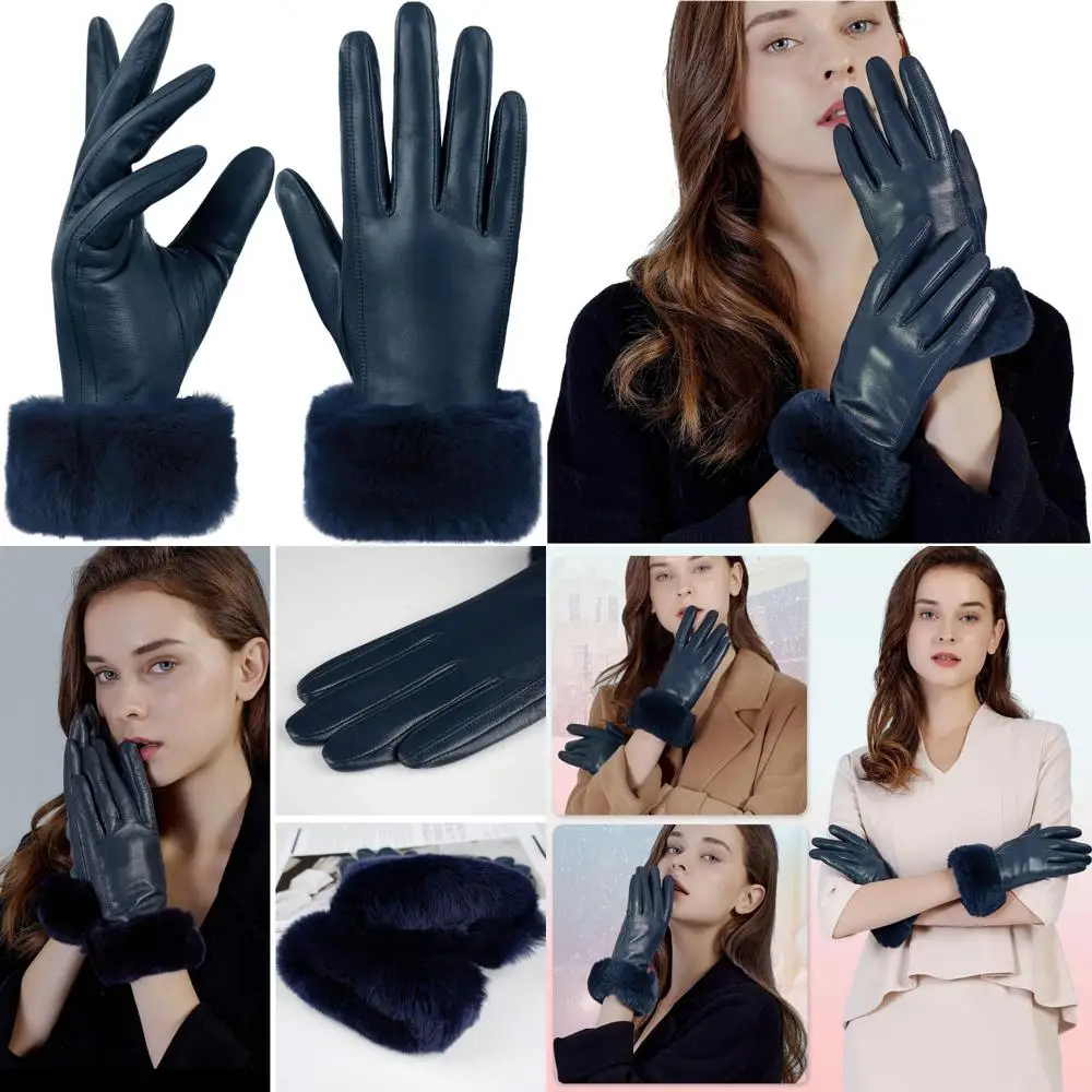 

Multicolor Rabbit Fur Cuff Women's Leather Gloves with Touchscreen for Warm Winter Driving