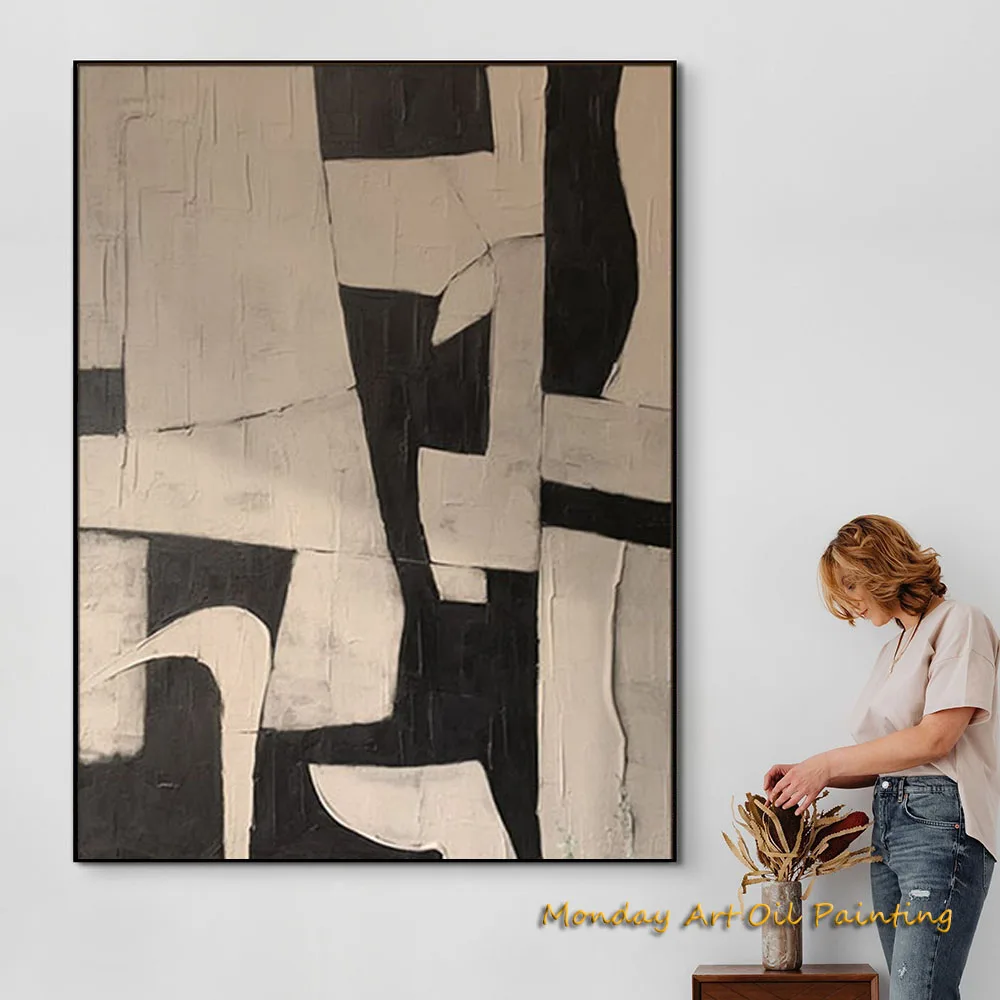 

Handmade Beige Black Abstract Oil Painting Black Minimalist Wall Art Large Beige Textured Painting Neutral Textured Wall Art