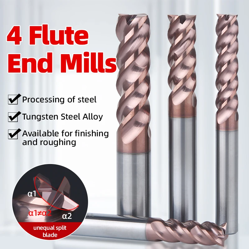 HUHAO R Bull Nose Carbide End Mill 4 Flute Corner Radius Milling Cutter HRC62 Tungsten Steel Endmill CNC Router Bit Maching Tool