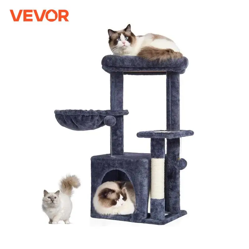 VEVOR Cat Tree Fourth Floor Standing Cat Tower with Scratch Post Hammock Large Cat House with Hanging Ball Cat Activity Center