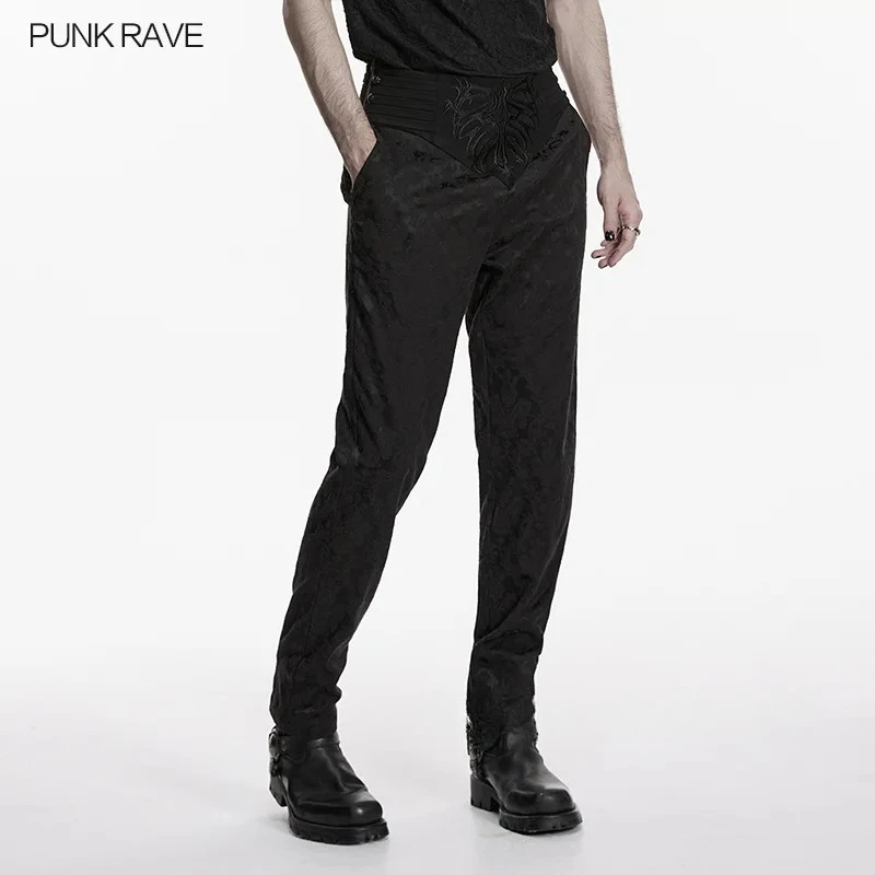 PUNK RAVE Men's Goth 3d Jacquard Embroidered Pants Mysterious Vibe Gothic Style Adjustable Drawstring Party Club Trousers