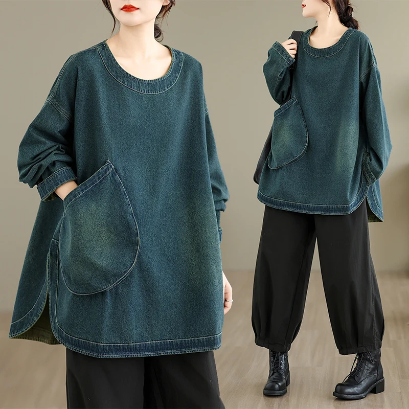 

Autumn New Waed Denim Casual plus Size Long Sve Overhead irt Women round Ne Long Top Lazy Sle Thin Model Cotton