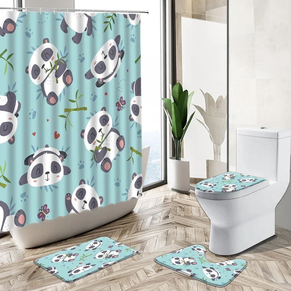 Cartoon Elephant Baby Kids Bathroom Shower Curtain Set Cute Panda Monkey Animal Non-Slip Rug Toilet Lid Cover Bath Mat Home Deco