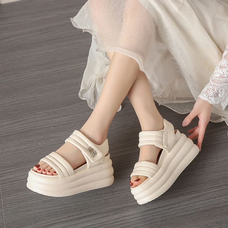 New Summer Women Chunky Sandals Leather High Platform Trainers Breathable Casual Slippers Shoes Woman 7CM Heels Wedge Sneakers