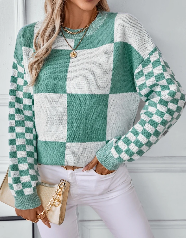 

Autumn Women's Top Color Blocking Plaid Pullover Women's Knitted Sweater Autumn and Winter Fashionable Versatile Sweater