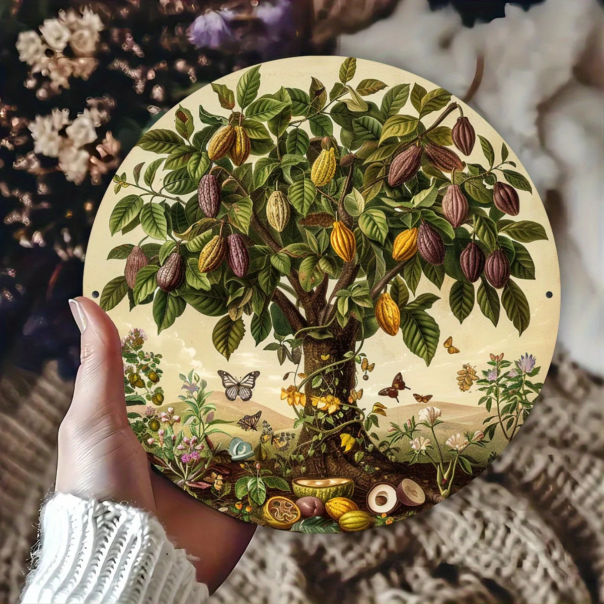 1pc Cocoa Tree Charm - Vintage Aluminum Sign, 2D Printing, Metal Wall Decor, Suitable for Indoor Or Outdoor Use, Home Decor Tint