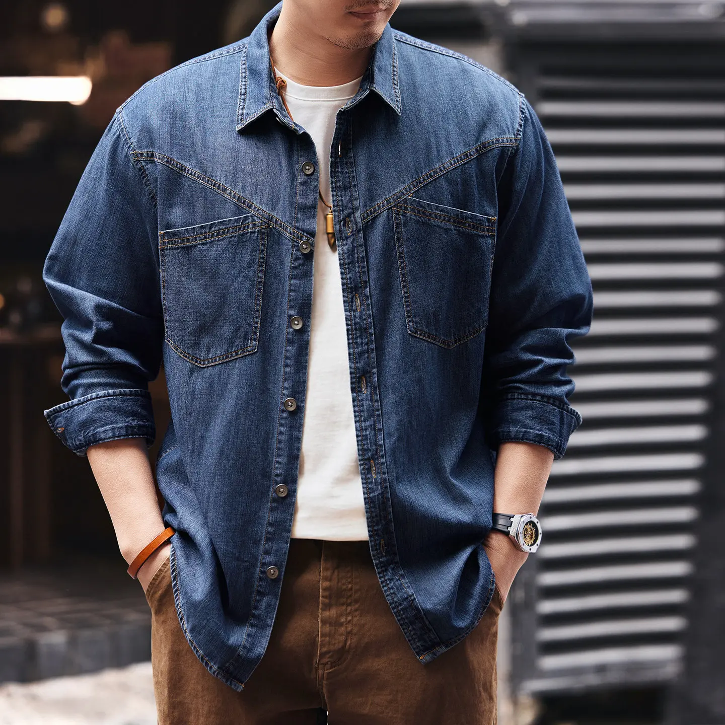 Trendy men's new American retro pure cotton workwear denim shirt - loose-fitting casual long-sleeved shirt jacket