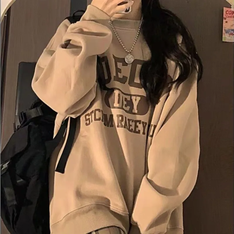 No Hat Hoodies Women O-neck Simple Chic American Retro Sweatshirts Letter Print Khaki Loose Autumn Fashion Casual Ins Streetwear