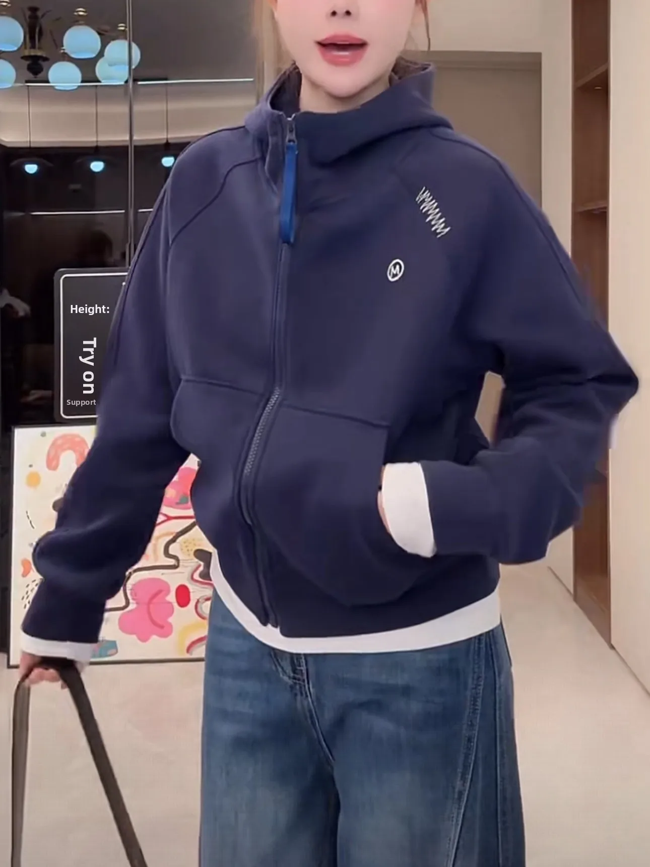 

Ретро-американская толстовка с вышивкой синими буквами, женская свободная повседневная куртка на молнии, осенне-зимняя утепленная верхняя одежда