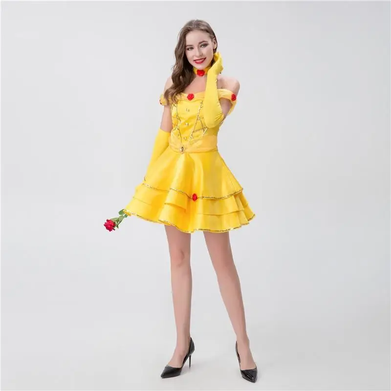 

Yellow Princ Belle Costume ort Skirt Queen Suit loween Beau And the Beast Cosplay Women's Traditional National Stag...