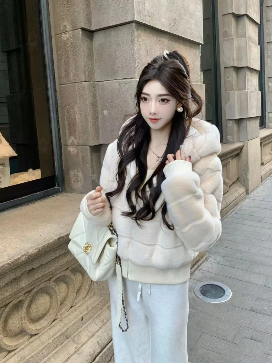 

Eco-Friendly Mink Fur Jaet Women's New Sle ort Loose Fit Hooded Ribbed Knit Coat Autumn Winter Faion Korean Commute