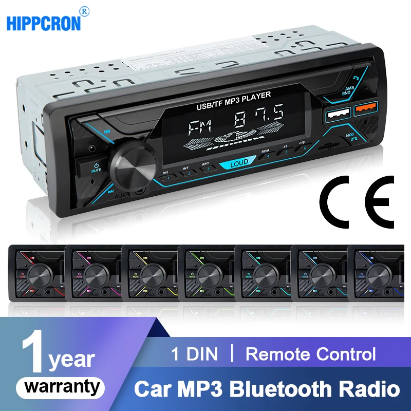 1din Hippcorn Car Radio Audio Bluetooth Stereo MP3 Player FM Receiver 60Wx4 With Colorful Lights AUX/USB/TF Card In Dash Kit