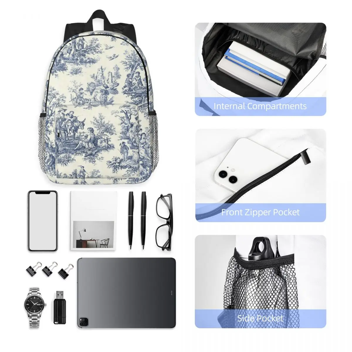 Powder Blue French Toile Picnic Design Backpack Hot Sale Daypack Large Capacity Boys Girls BookBag Shoulder Bags School Bag