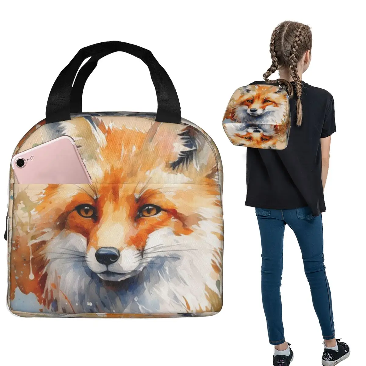 Cute Little Fox Watercolor Painting Insulated Lunch Bag for Women Kids Leakproof Food Boxes Thermal Lunch Box Tote