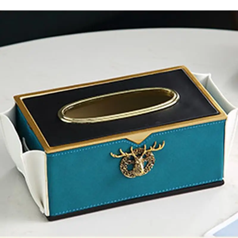 Resin Leather Rectangular Tissue Box Metal Deer Decoration Multifunction Remote Control Storage Napkin Holder Boxes