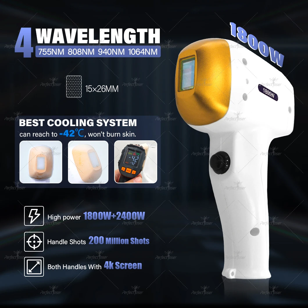 Perfectlaser-Machine d'épilation au laser à diode, 4 longueurs d'onde 808, 755, 940, 1064nm, 2400W, épilation à la glace du corps et du visage en continu, indolore