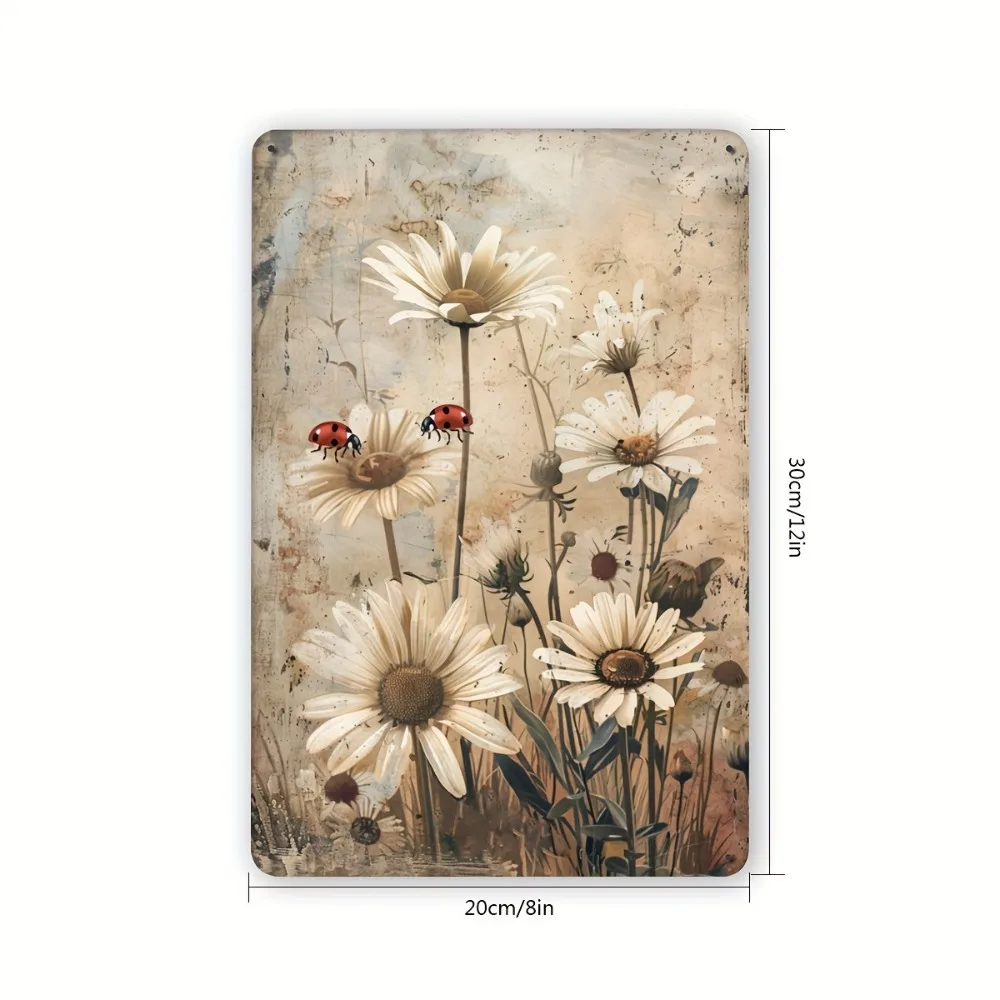 （2D Tin painting）Vintage Daisy & Ladybugs Metal Sign | 8x12 Inch Rustic Iron Wall Art for Home, Cafe & Garden | Easy Hang Dec