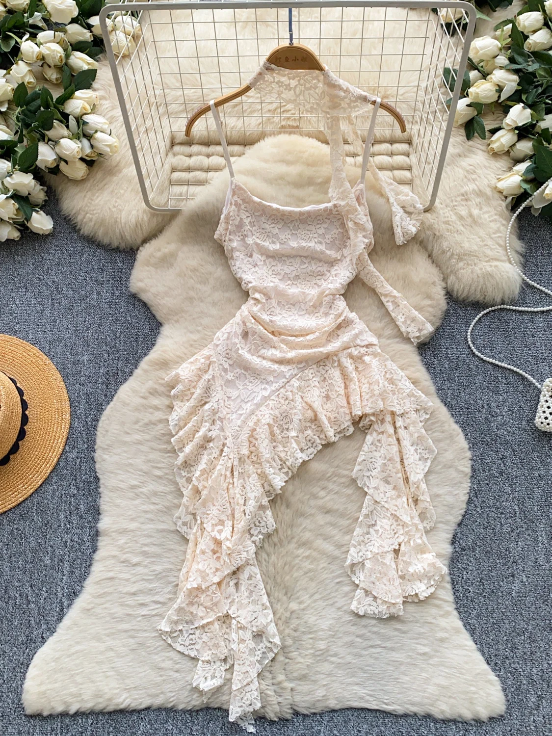 Red Lace Halter Vest Women's Summer Slimming Commute Top Irregular Hem Beautiful Outerwear Polyester Fiber Casual Daily Wear
