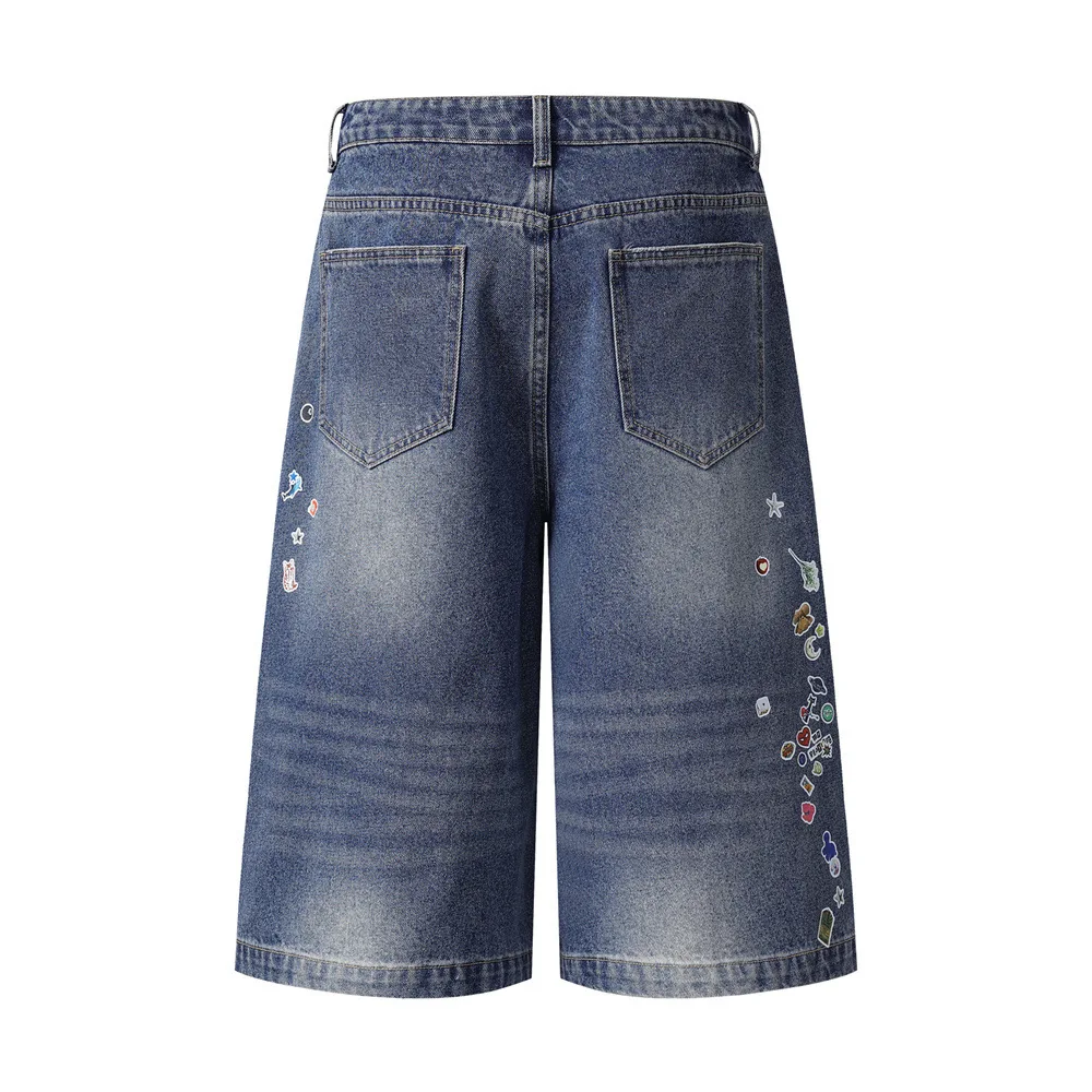 MWJLPWQ Detachable Plaid Denim Cropped Pants For Men Hip-Hop Trendy Stickers Niched Design Washed Loose Straight Shorts 16903