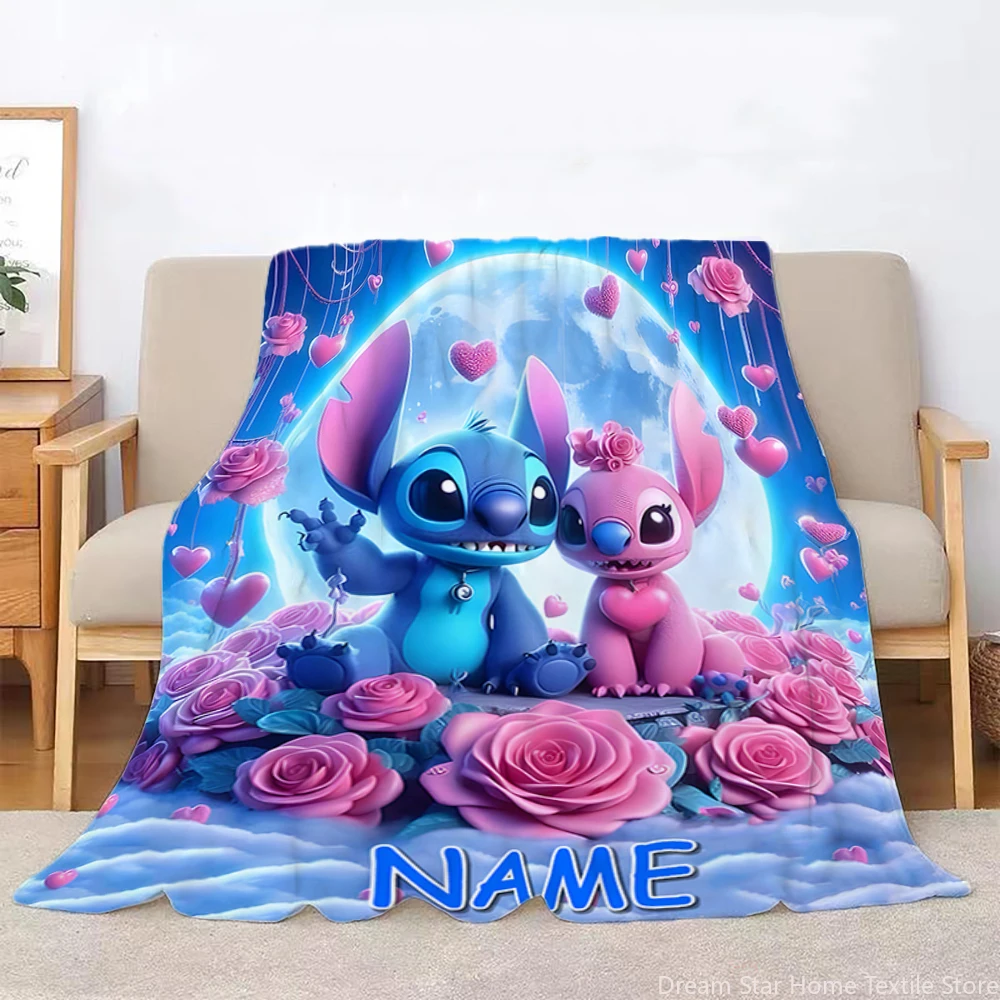 Customized Name Personalized Blanket, Disney Stitch Princess Cars Print Blanket Birthday Christmas Gift Sofa Bed Camping Blanket