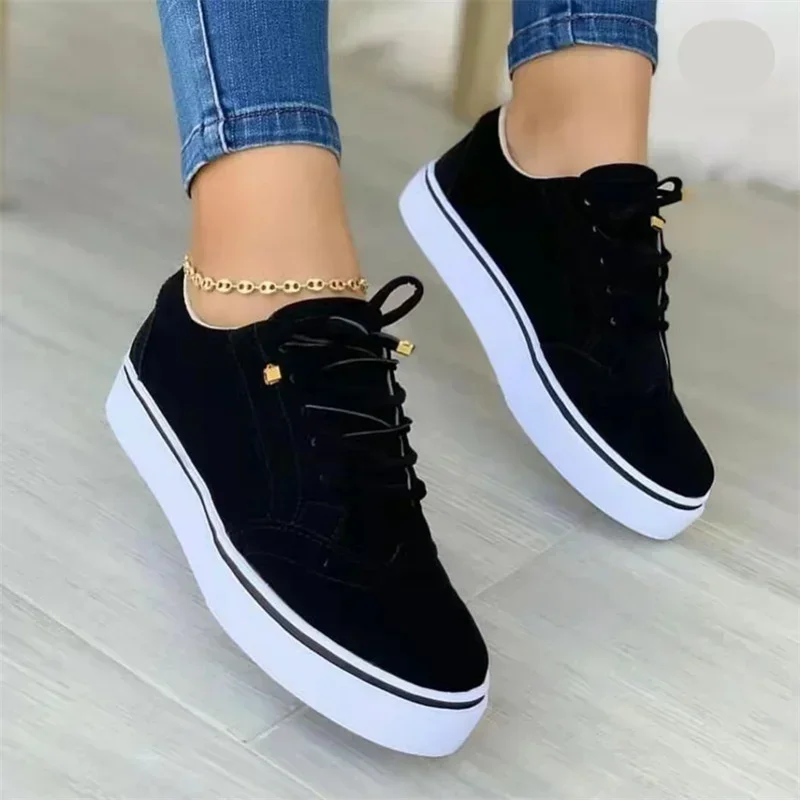 2024 New Women\'s Low-top Vulcanized Shoes Round Toe Casual Shoes Flat Shoes Lace-up Walking Shoes Women Versatile Comfortable