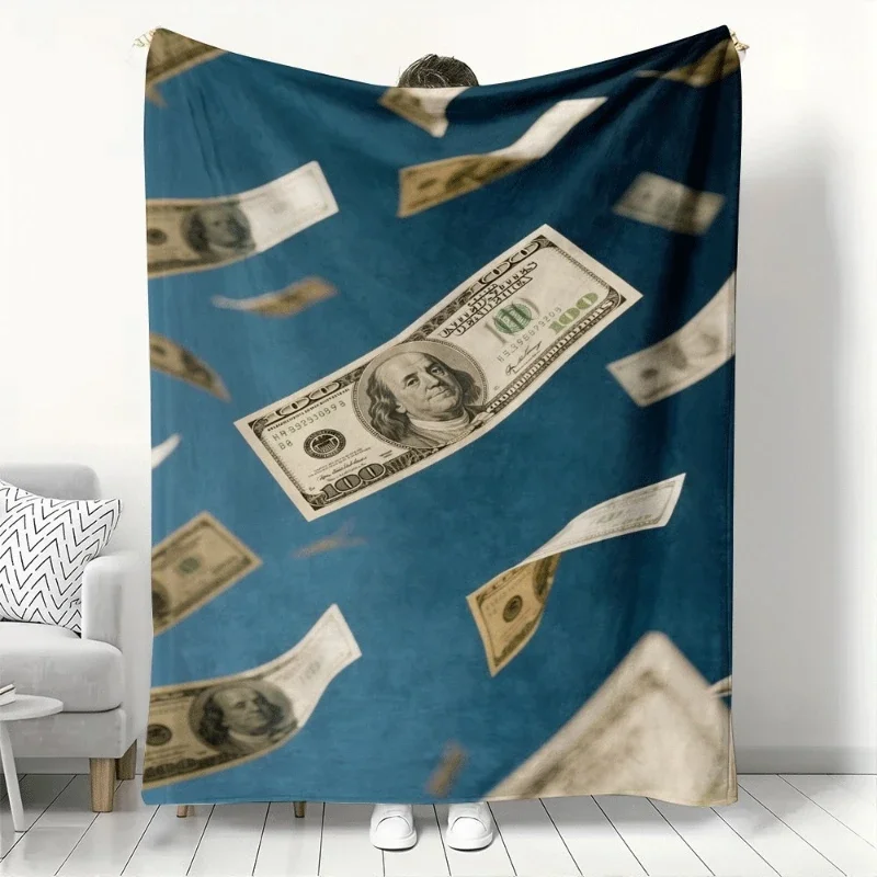 Falling 100 Dollar Bills Pattern Flannel printed blanket suitable all seasons suitable for living room office sofa and travel