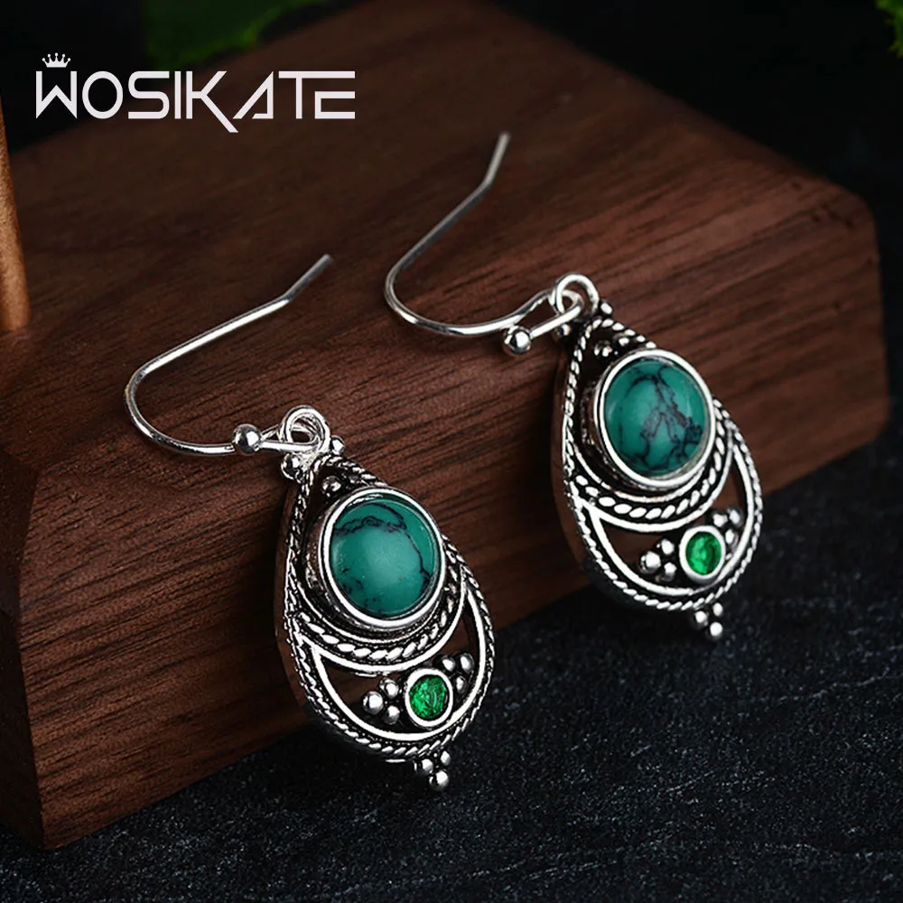 WOSIKATE Vintage Turquoise Drop Earrings For Women 925 Thai Silver Fashion Jewellery Ear Hooks Anniversary Gifts Wholesale