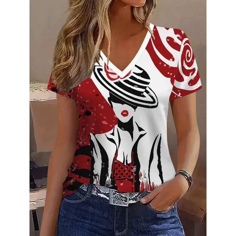 Elegant Abstract Painting of a Refined Woman with Color Block Patchwork Graphic Full Print Breathable V-Neck Short SleeveT-Shirt