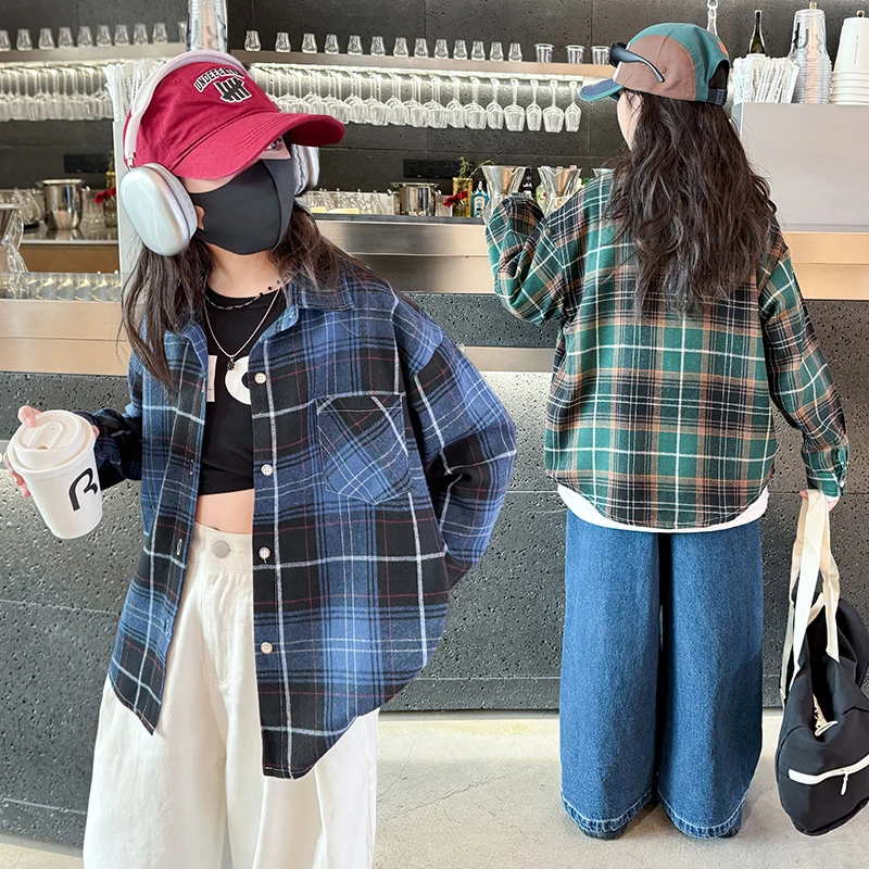 

Elegant Kids Spring Autumn Blue Green Plaid Shirts For Girl Cotton Casual Long Sleeve Top School Blouses Clothing Children 5-14Y