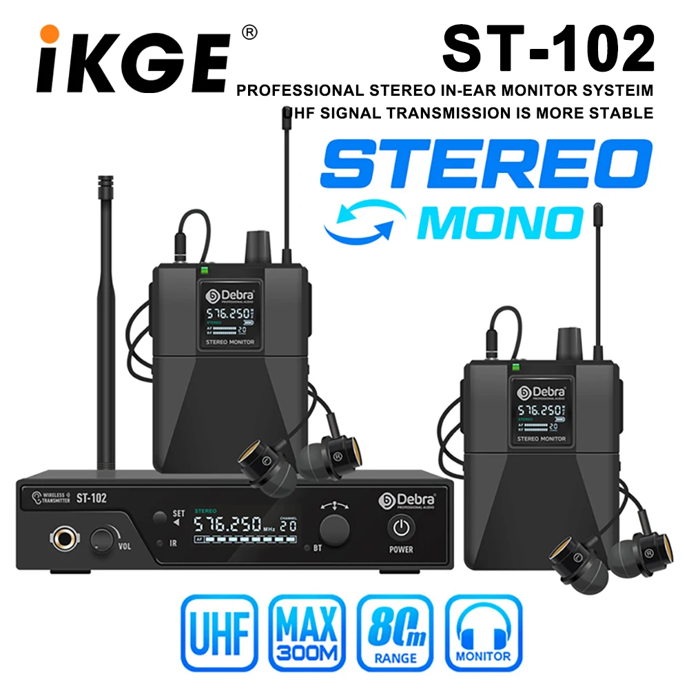 

Debra ST-102 Wireless In-Ear Monitor System, Professional Stereo with Bluetooth UHF for Stage, Recording, Studio, Drummers