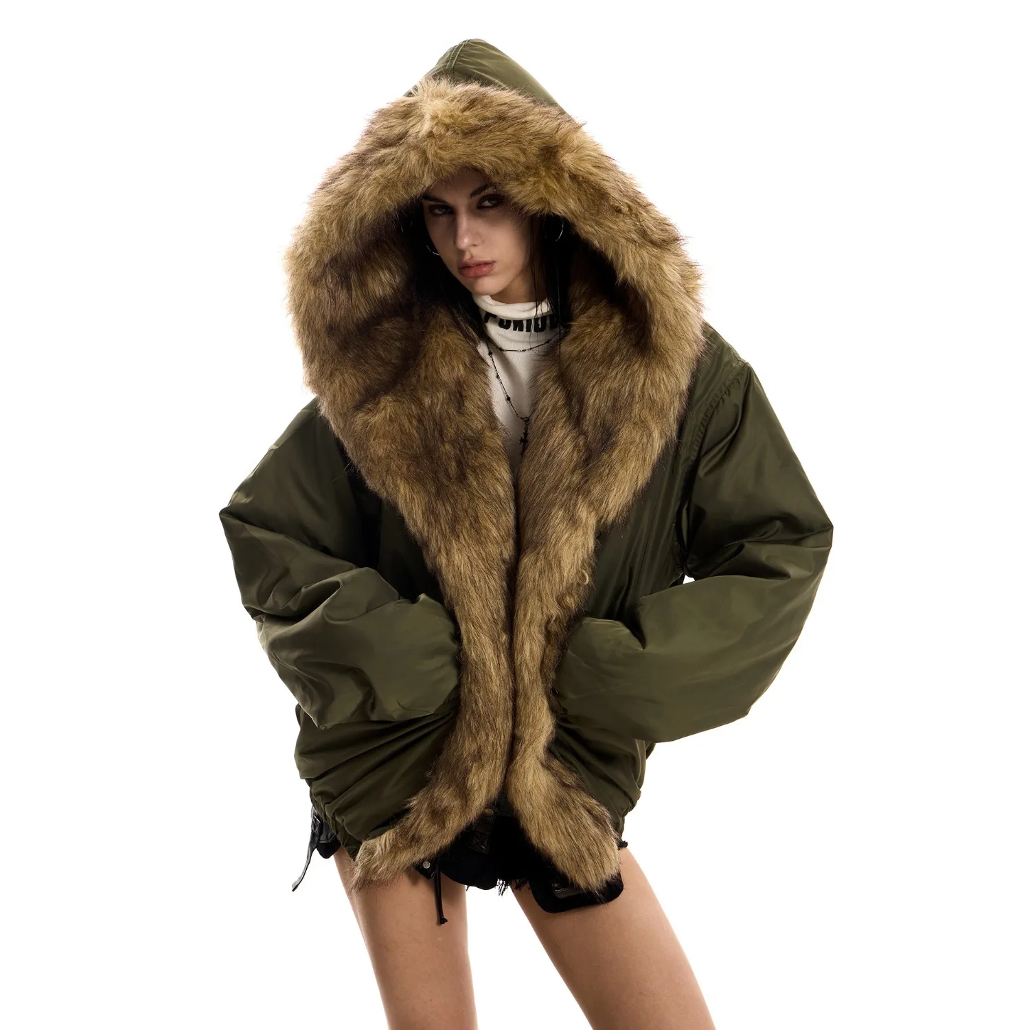 ONE TO WAN High Street Hooded Jackets Coats Women's New Winter Warm Thck Cotton Padded Jacket with Fur Collar and Warm Jacket