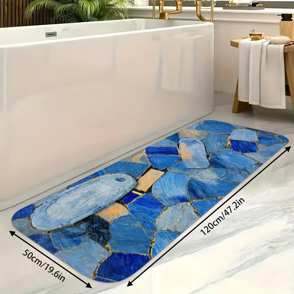 Blue Marble Gold Crack Mosaic Stone Print Runner Rug, Non-Slip Washable Mat for Kitchen Entryway Hallway Modern Minimalist Home