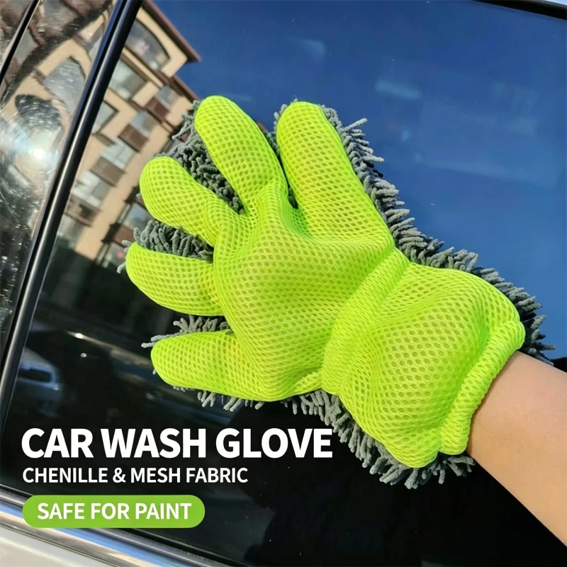 1/2 Pcs Chenille Velvet Five Finger Towel Car Wash Gloves Plush Car Wiping Not Easy To Damage Sandwich Mesh Hole Cleaning Cloth