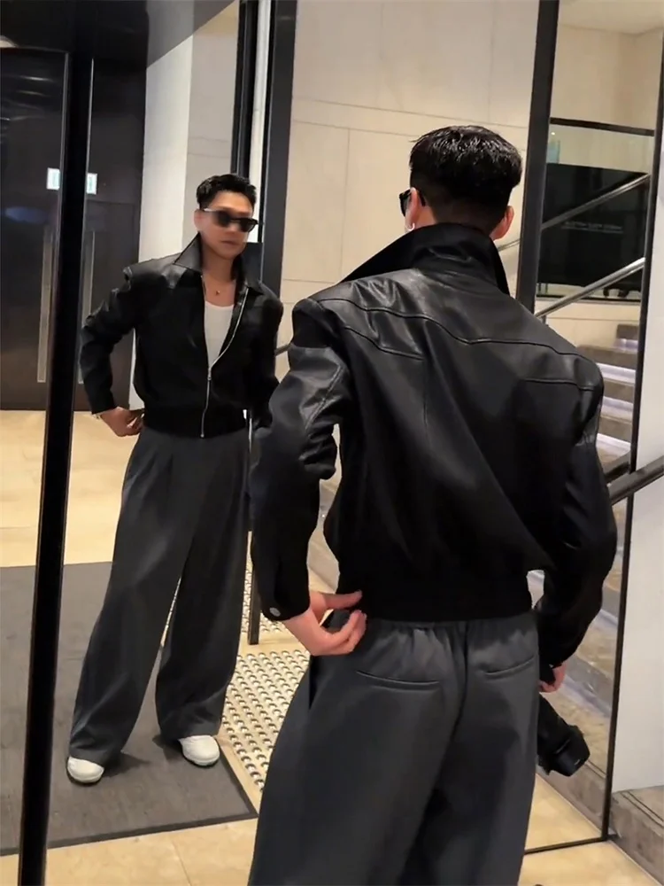 

High-End Bla ort Leather Jaet Men's Sle 2025 Autumn American Motorcycle Riding Suit Premium Feel Stand Collar Coat