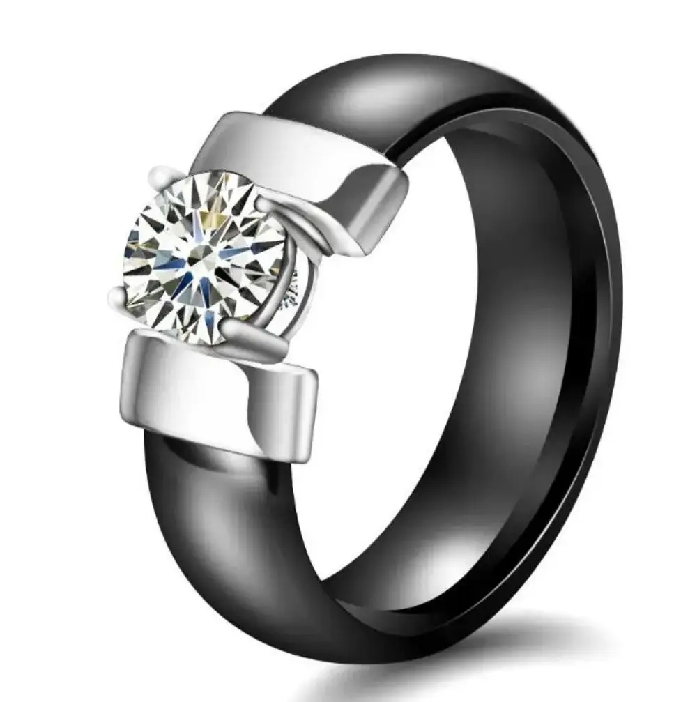 Weiß Schwarz Keramik Ringe Plus Zirkonia Für Frauen Gold Farbe Edelstahl Frauen Ehering Verlobungsschmuck 6mm – Detail 8
