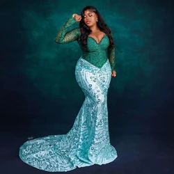 Emerald Green African Formal Party Dresses Luxury Beaded Lace Aso Ebi Style Wedding Reception Dress Black Women Prom Dress 2024