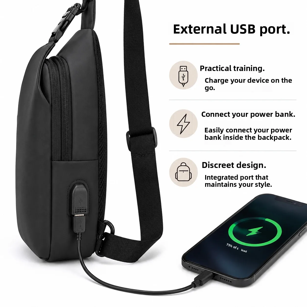Waterproof Sling Bag USB Charging Chest Bag for Men Crossbody Shoulder Backpack Casual Travel Daypack