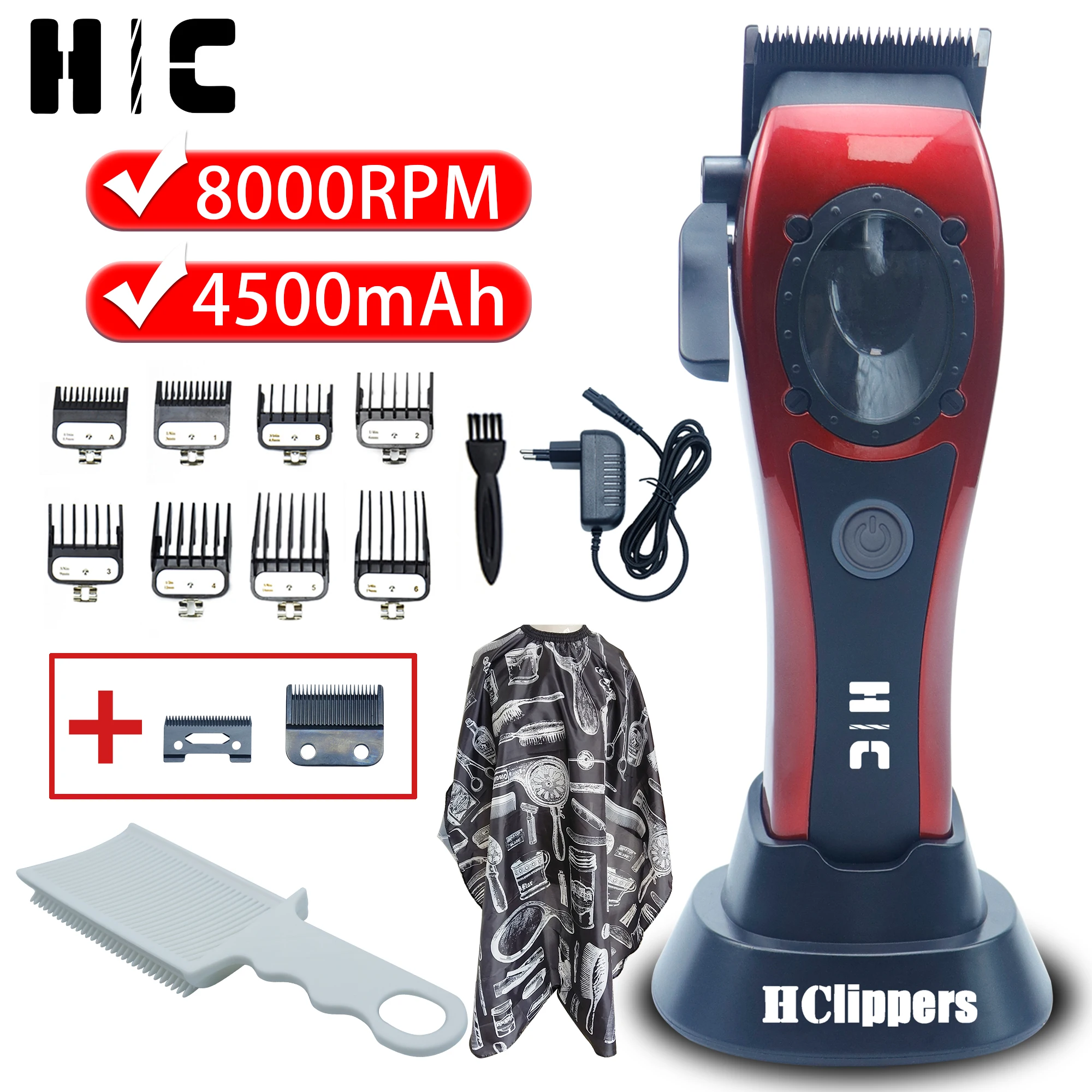 HClippers Professional 8000RPM 4500mAh Electric Hair Clippers with Barber Fade Combs Hairdresser Aprons Haircut Capes Tool