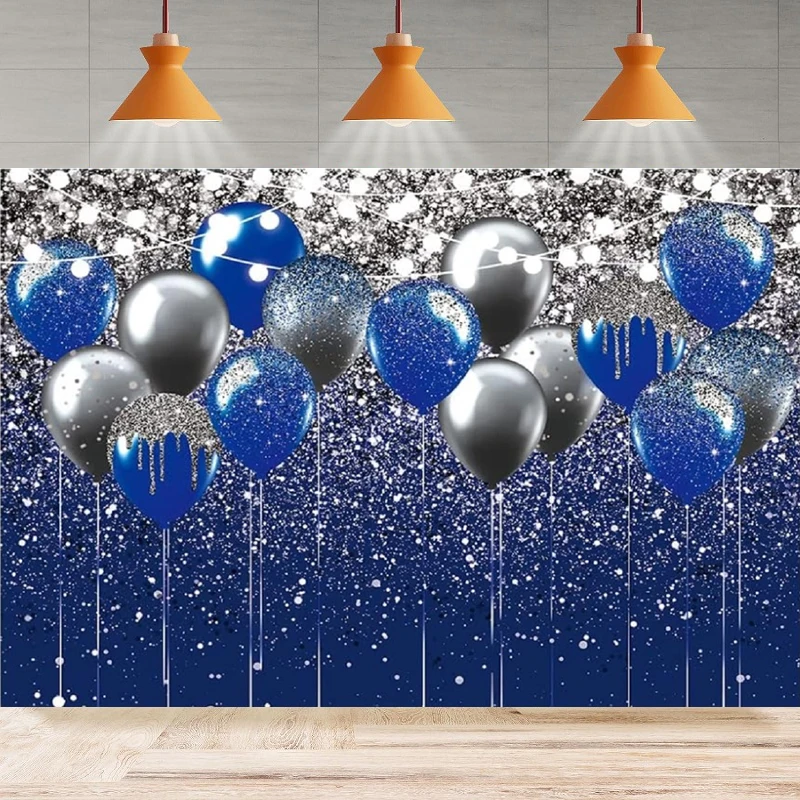 

Royal Blue Glitter Photography Backdrop Blue And Silver Black Balloon Sequin Background Birthday Wedding Graduation Prom Party